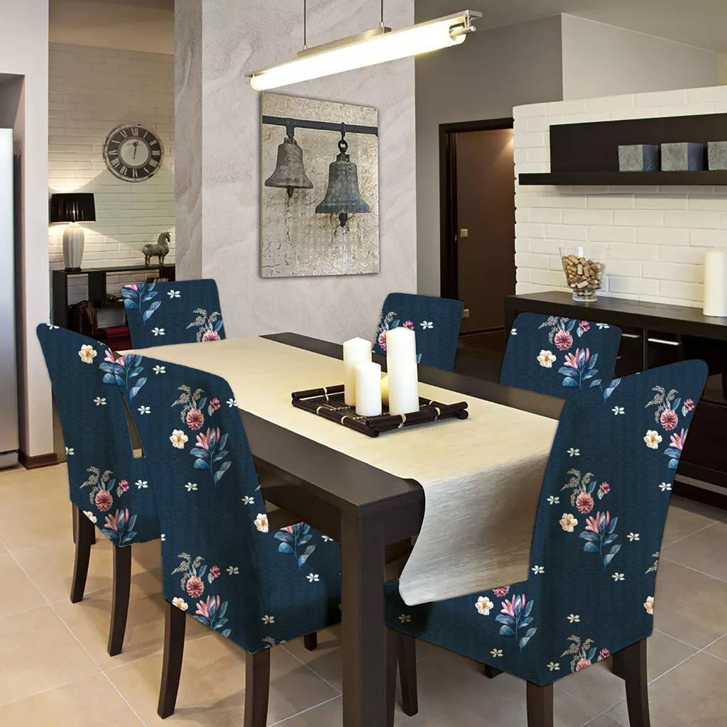 Quirky Hub Premium Wrinkle-Free | Elastic Stretchable | Washable|Dining Table & Chair Cover Dark Blue Botanical (QHCC-132)