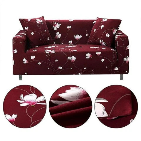 Quirky Hub Premium Wrinkle-Free Elastic Stretchable | Washable| Elastic Sofa Cover - Wine red Flowers (SC-046)