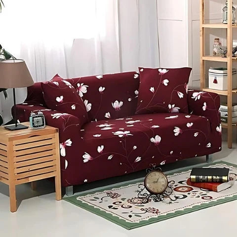Quirky Hub Premium Wrinkle-Free Elastic Stretchable | Washable| Elastic Sofa Cover - Wine red Flowers (SC-046)