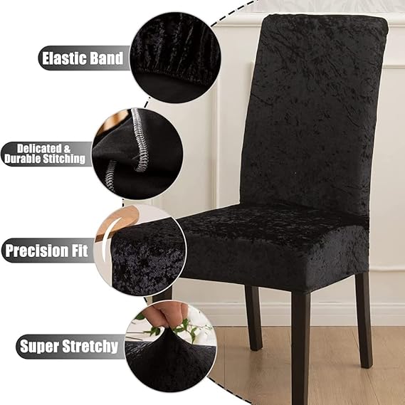 Quirky Hub Premium Wrinkle-Free Stretchable Chair Covers, Velvet Elegance Black (QHCC-112)
