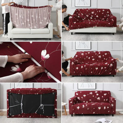 Quirky Hub Premium Wrinkle-Free Elastic Stretchable | Washable| Elastic Sofa Cover - Wine red Flowers (SC-046)