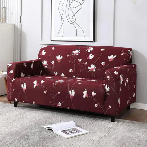 Quirky Hub Premium Wrinkle-Free Elastic Stretchable | Washable| Elastic Sofa Cover - Wine red Flowers (SC-046)