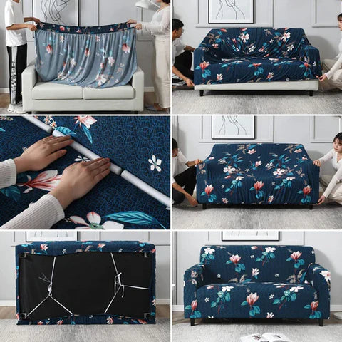 Quirky Hub Premium Wrinkle-Free Elastic Stretchable | Washable| Elastic Sofa Cover - Blue Jasmine (SC-047)
