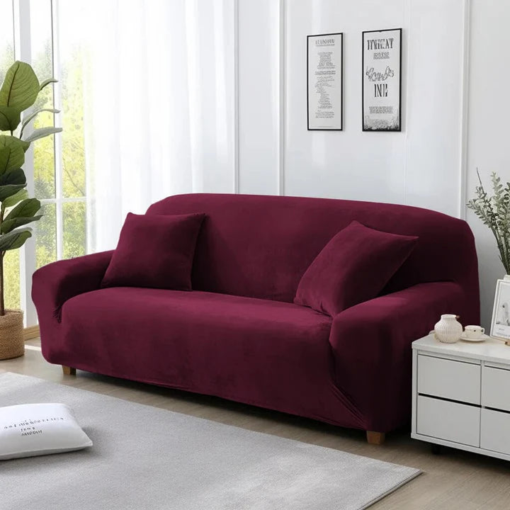 QuirkyHub Premium Velvet Sofa Cover – Wrinkle-Free, Stretchable, Crushed Elegance (Maroon)