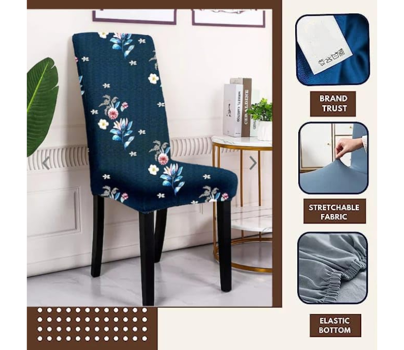 Quirky Hub Premium Wrinkle-Free | Elastic Stretchable | Washable|Dining Table & Chair Cover Dark Blue Botanical (QHCC-132)
