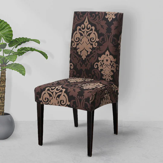 Quirky Hub Premium Wrinkle-Free | Elastic Stretchable | Washable|Velevet Chair Covers Brown Damask (QHCC-128)