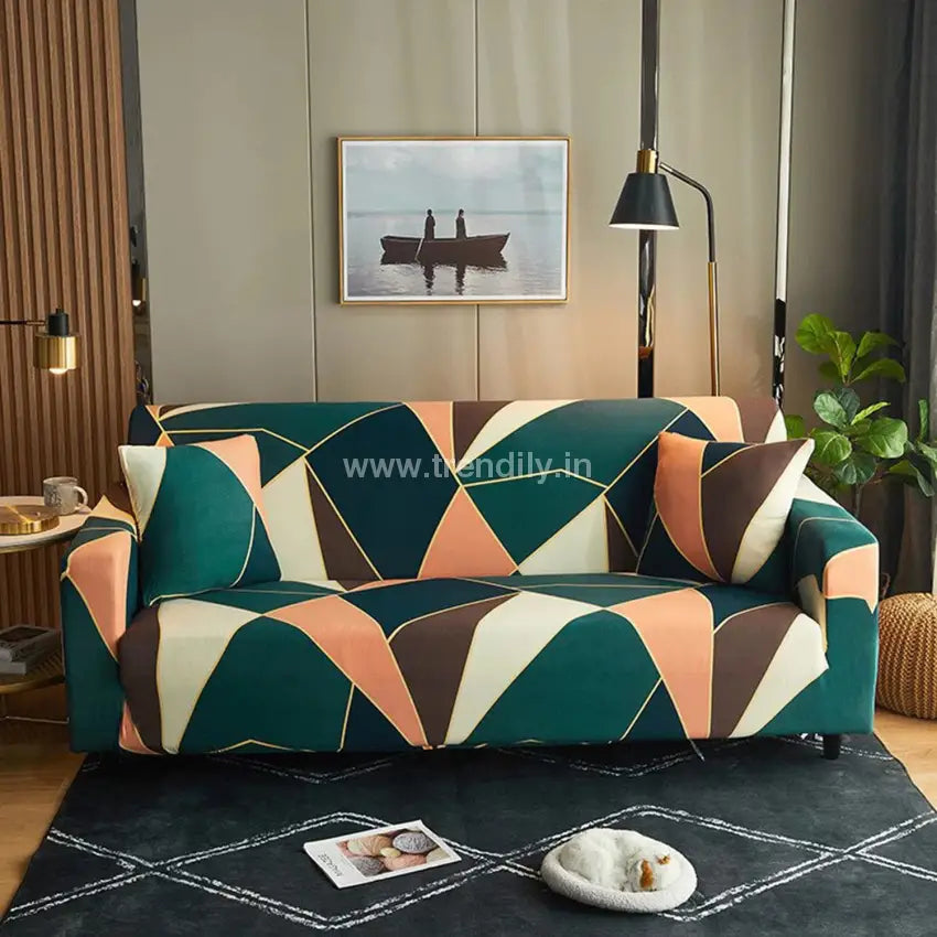 Trendily 3 Seater Elastic Universal Stretchable Sofa Cover Green Peach Prism (Sc-018)